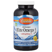 Риб'ячий жир Омега-3, Elite Omega-3, Carlson, лимон, норвезький, 1600 мг, 180 гелевих капсул (800 мг на 1 капсулу