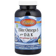Омега 3 + вітамін D3 та вітамін К, Elite Omega-3 Plus D&K, Carlson, натуральний лимон, 180 гелевих капсул