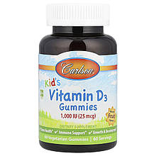 Вітамін D3 для дітей, Vitamin D3 Gummies, Carlson, натуральні фрукти, 25 мкг (1000 МО), 60 вегетаріанських жувальних цукерок