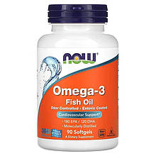 Омега-3 риб'ячий жир, Omega-3 Fish Oil, NOW Foods, 1000 мг, 180 ЕПК/ 120 ДГК, в кишковорозчинній оболонці, 90 гелевих капсул