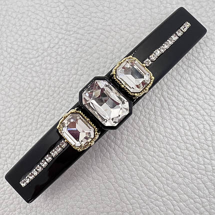 Заколка автомат для волос черного цвета с переливающимися белыми кристаллами длина 9 см ширина 1.5 см, фото 1