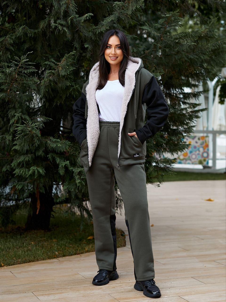 Жіночий теплий костюм "Куртка з овчиною + штани тринитка на флісі". Костюм унісекс, фото 1
