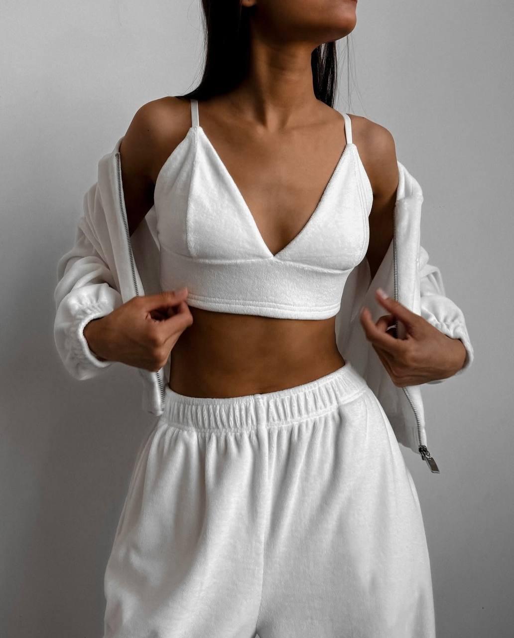 Жіночий костюм 3-ка з велюру спорт Модель: 1482-104 Колір: молочний, графіт, фото 1