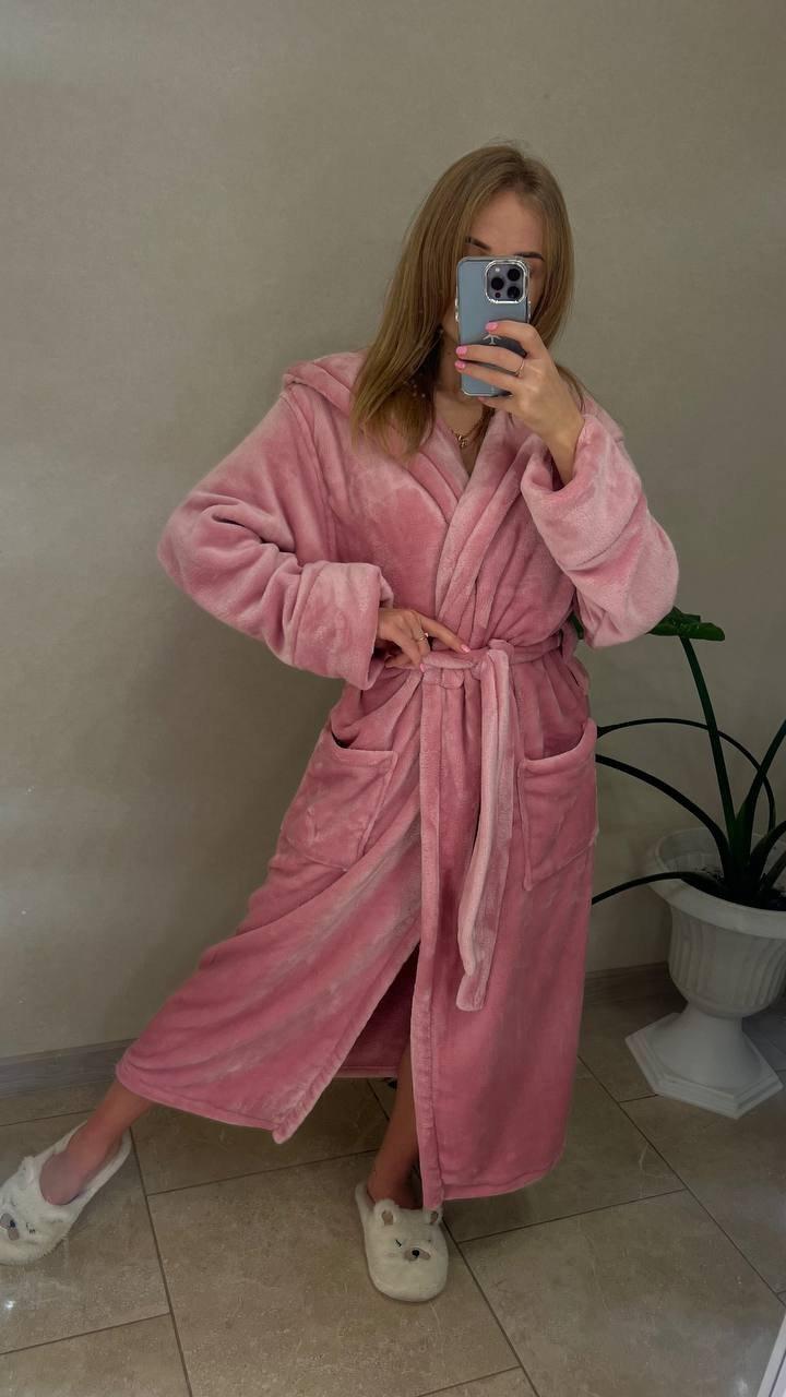Халат жіночий рожевий теплий м'який довгий домашній (банний) з капюшоном і поясом, фото 1