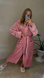 Халат жіночий рожевий теплий м'який довгий домашній (банний) з капюшоном і поясом