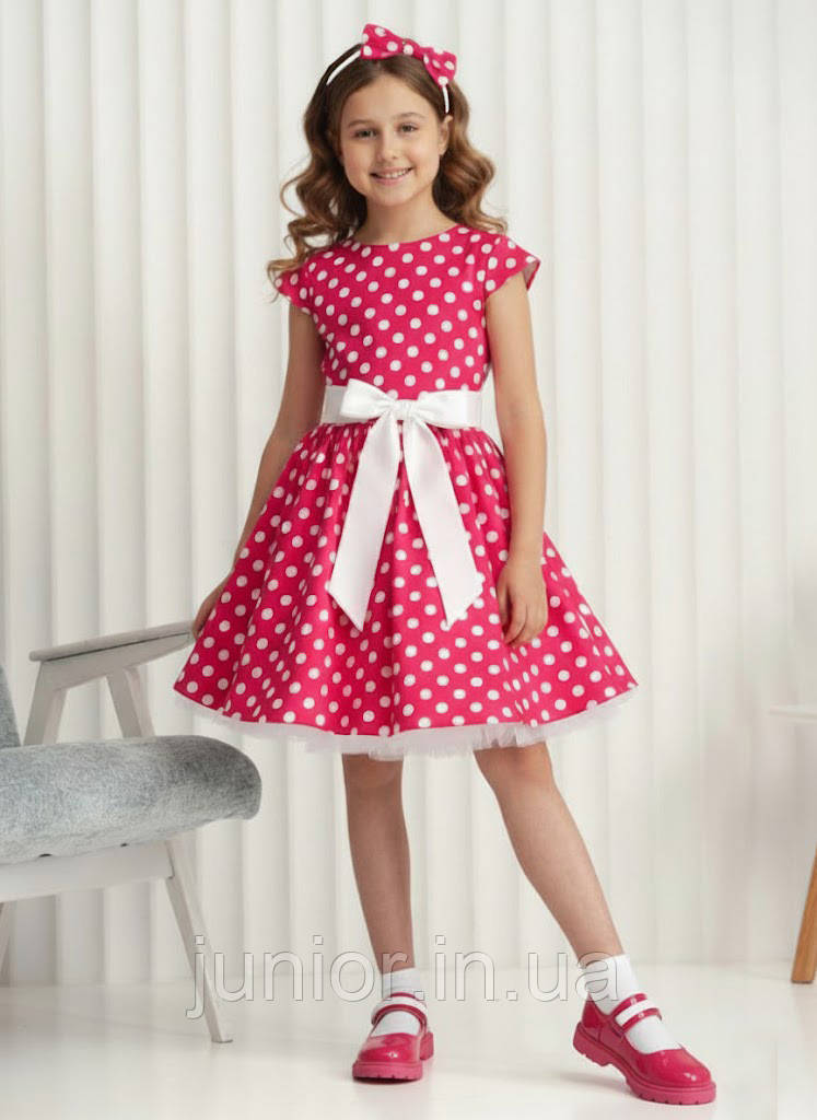 Сукня в ретро стилі для дівчинки Стиляги Малинове 116-134 р. Нарядне плаття для дівчинки в горох, фото 1