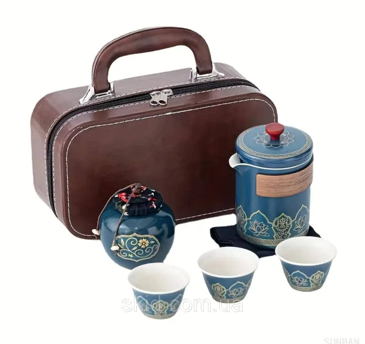 Китайський дорожній Чайний набір синій / білий, фото 1