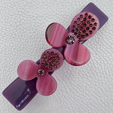 Заколка автомат для волос фиолетового цвета с цветочками и розовыми камушками длина 9 см ширина 2 см, фото 1