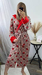 Халат жіночий теплий м'який довгий домашній (банний) з капюшоном і поясом "Жук-сонечко"