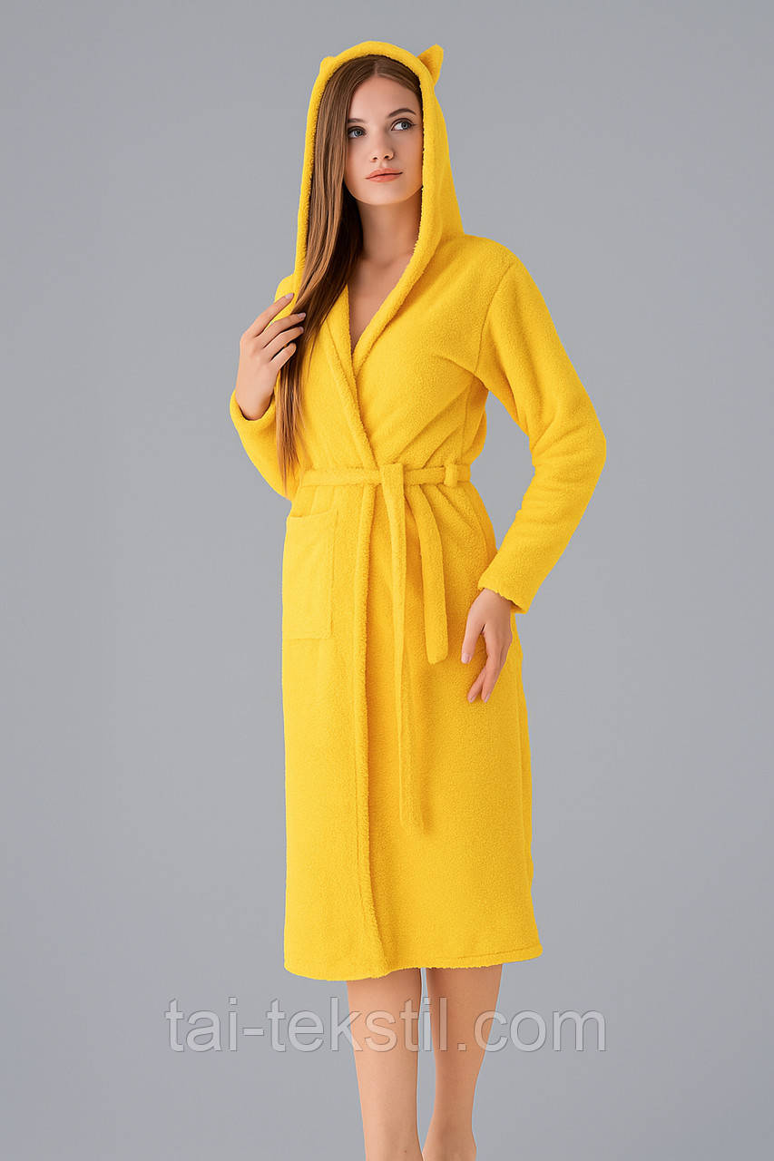 Халат махровий жіночій однотонний з капюшоном (євродовжина)