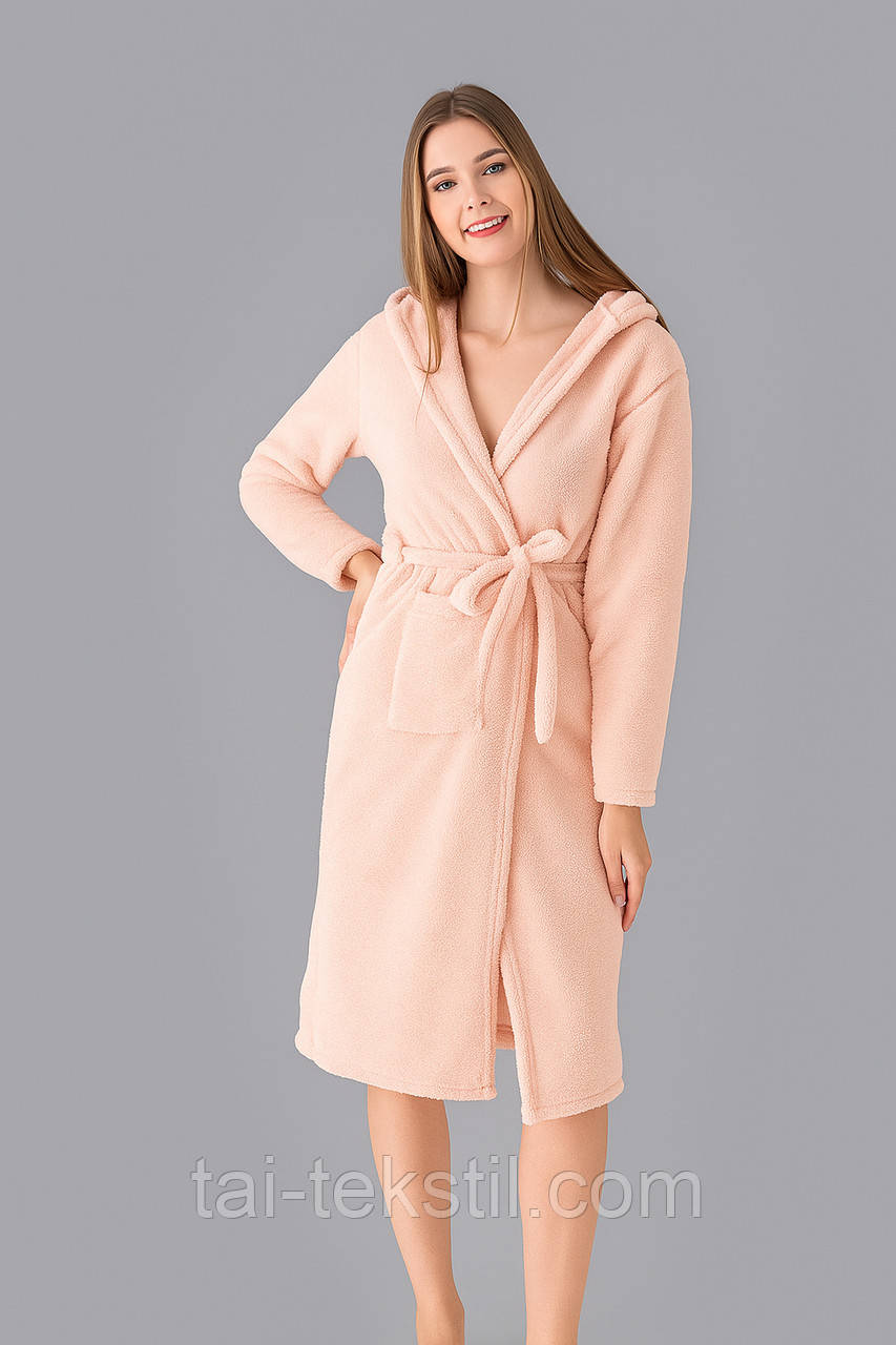 Халат махровий жіночій однотонний з капюшоном (євродовжина)
