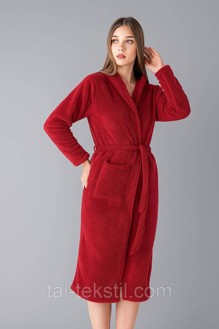 Халат махровий жіночій однотонний з капюшоном (євродовжина)
