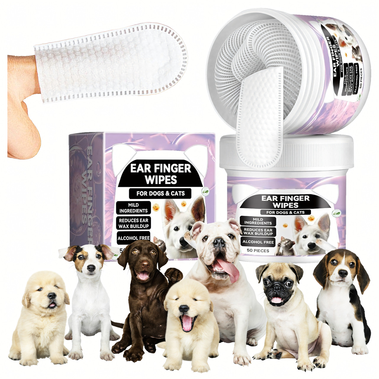 Серветки напальчники для чищення вух собак і котів, 50 шт — гігієнічні одноразові серветки, фото 1