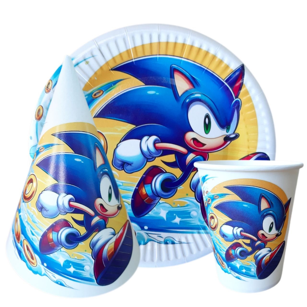 Набір тематичной посуди "Соник Бум". Тарілки: 10шт. Стаканов: 10шт. Ковпаків: 10шт.