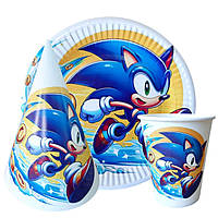 Набір тематичной посуди "Соник Бум". Тарілки: 10шт. Стаканов: 10шт. Ковпаків: 10шт.