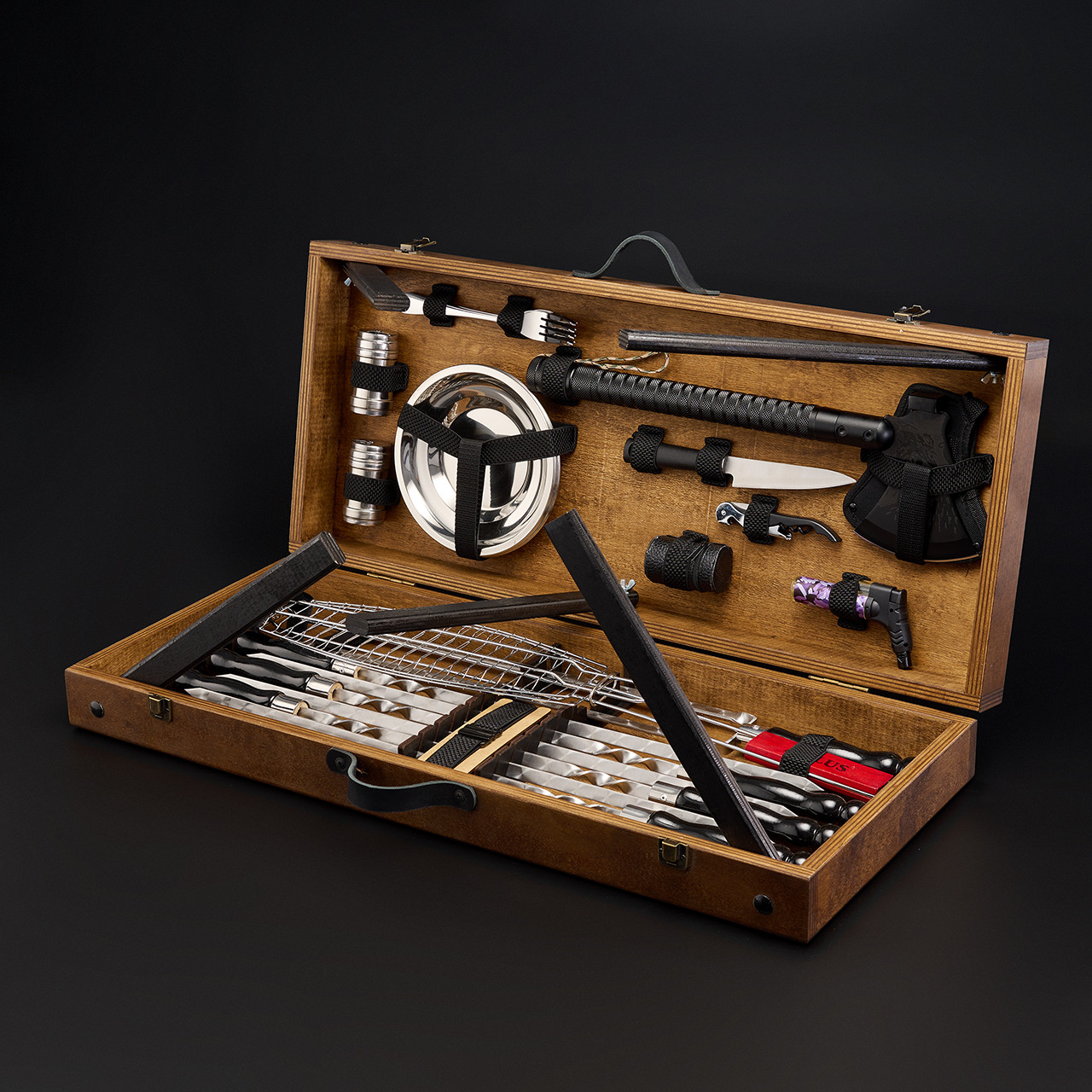 Шашличний набір — стіл, набір шампурів, подарунок чоловікові, подарунок чоловікові "Grills G16H" — 30 шт горіх.