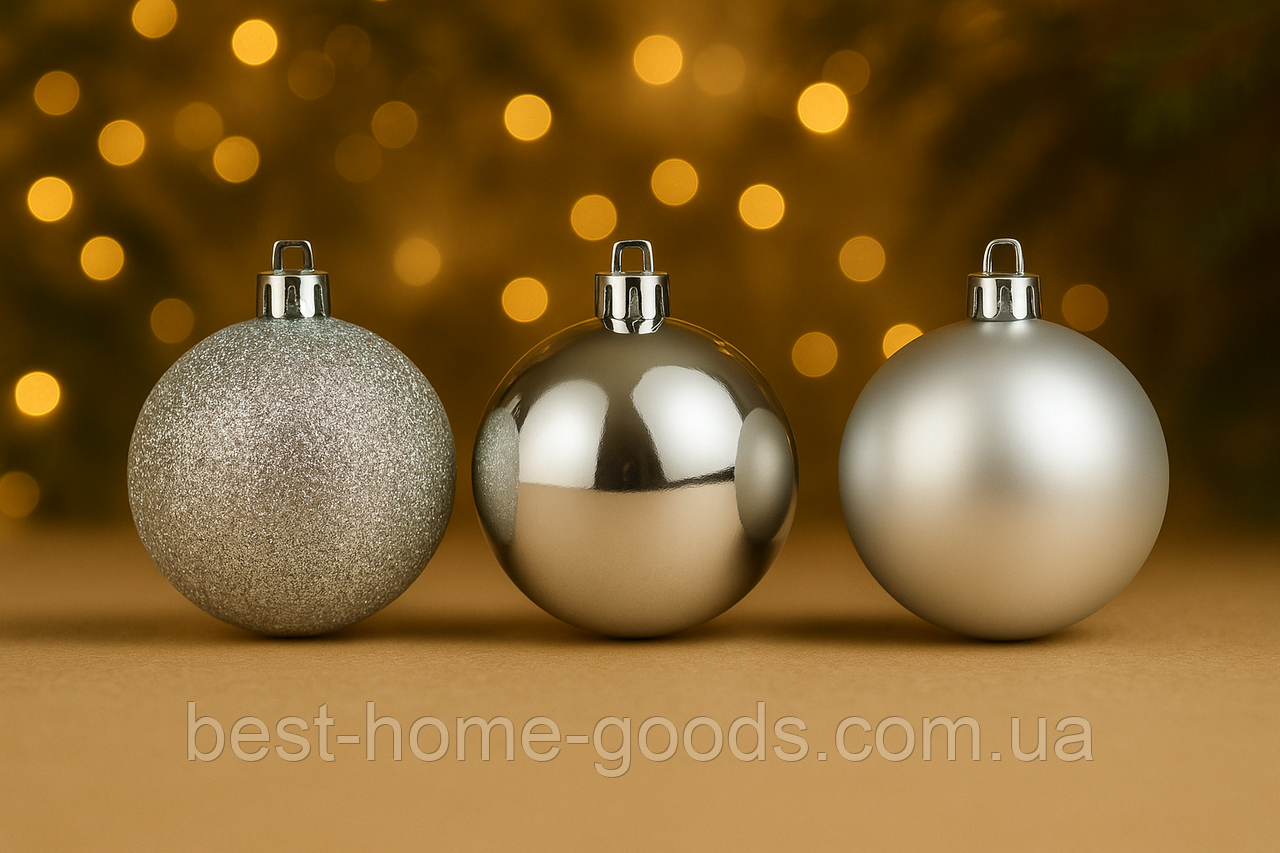 Набір новорічних куль 3 в 1 (матова, глянцева, з блискітками), 6 шт, 8 см, пластик, 11 кольорів – стильний декор для ялинки, фото 1