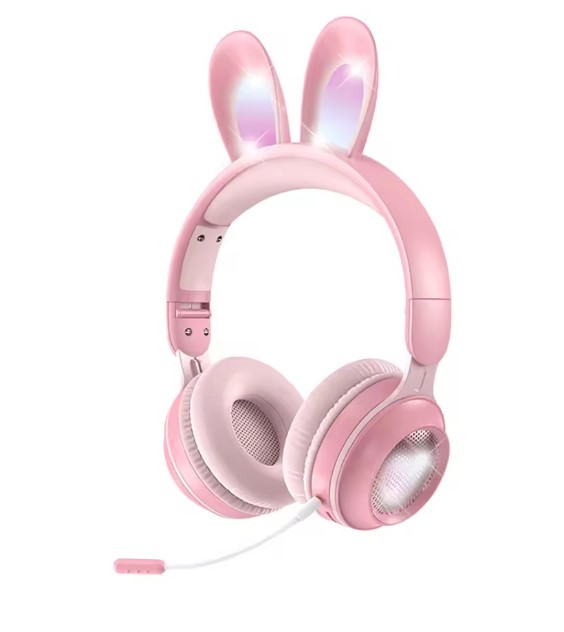 Бездротові дитячі Bluetooth навушники з вушками кролика, мікрофоном і LED підсвіткою ATD KE-01 рожеві, фото 1