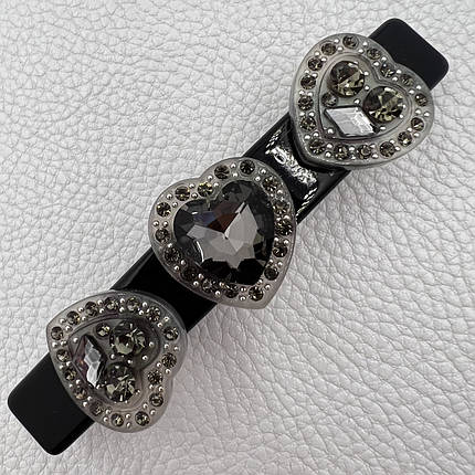 Заколка автомат для волос черного цвета с сердечками и большими серыми кристаллами длина 9 см ширина 1.5 см, фото 1