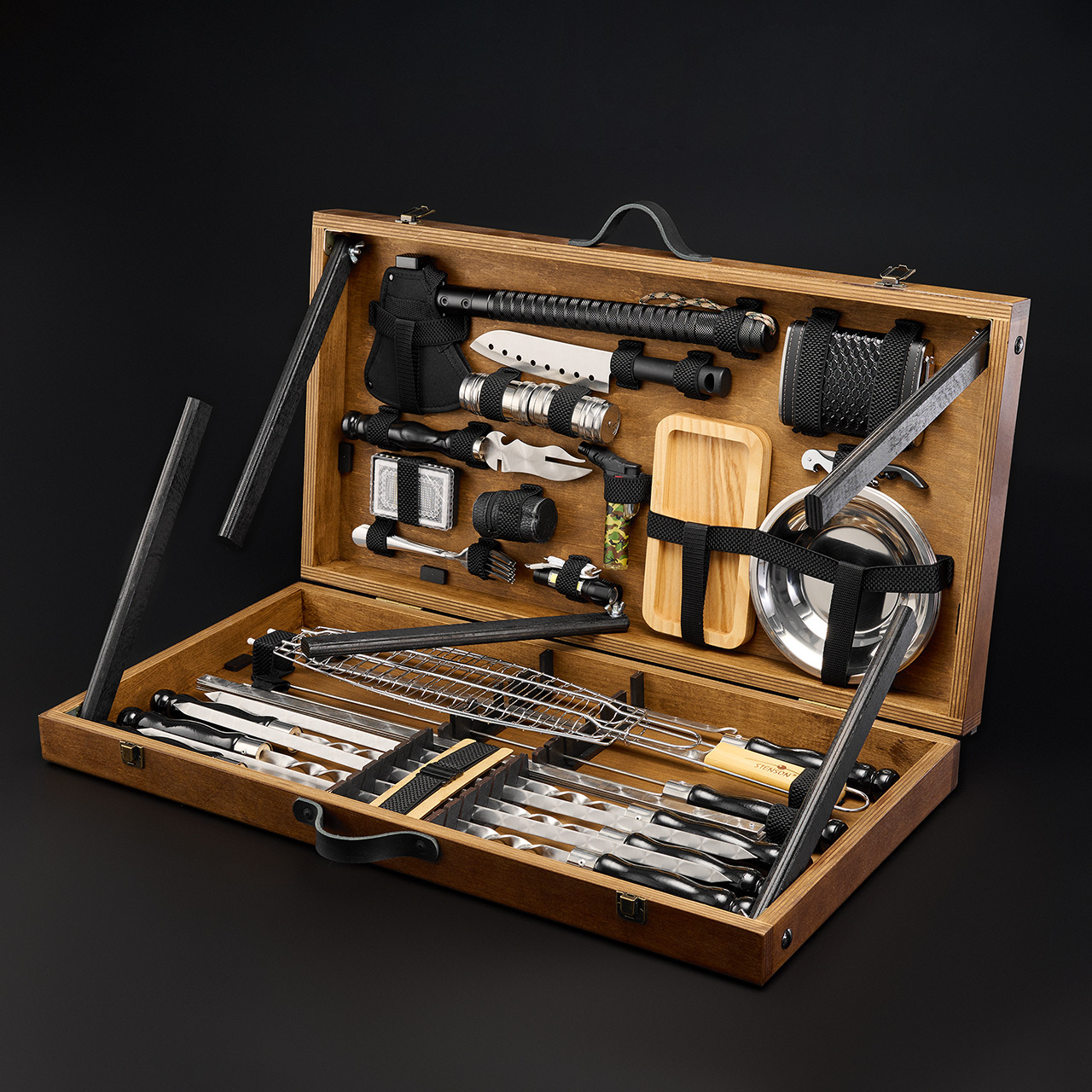 Шашличний набір — стіл, набір шампурів, подарунок чоловікові, подарунок чоловікові "Grills G18H" — 43 шт горіх"