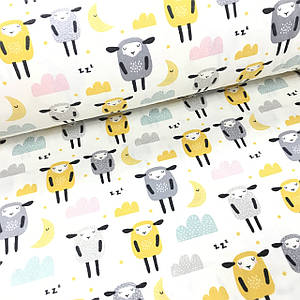 ВІДРІЗ (0,55*2,4м) Фланелева тканина овечки сіро-жовті на білому (шир. 2,4 м) (FL-T-0044)