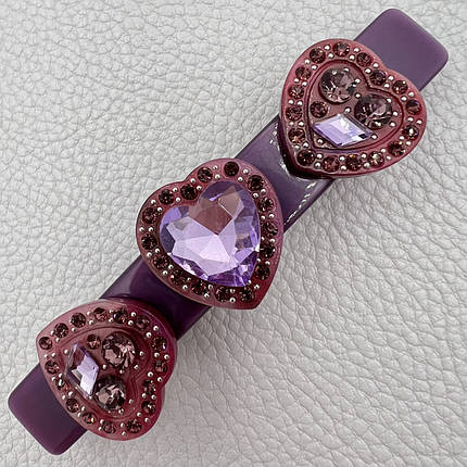 Заколка автомат для волос фиолетового цвета с сердечками и большими кристаллами длина 9 см ширина 1.5 см, фото 1