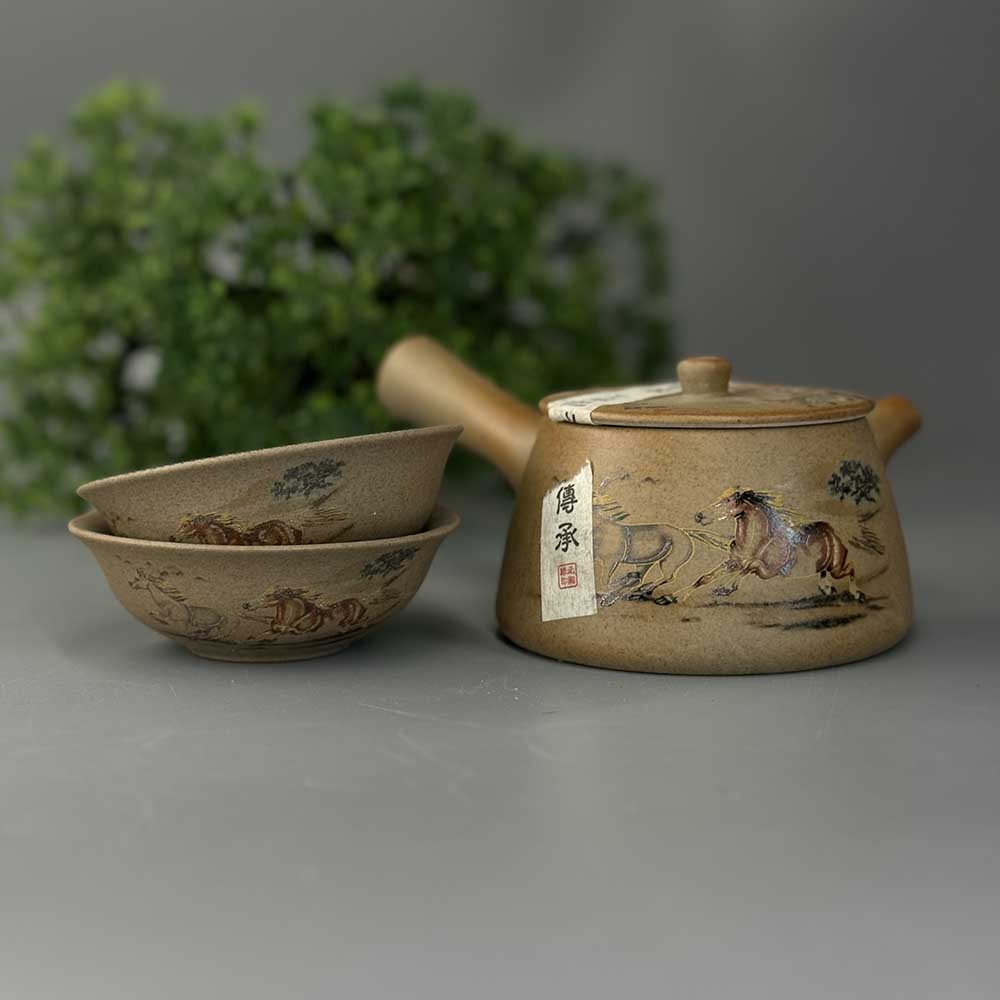 Чайний набір з іссинської світлої глини чайник + 2 піали «Мустанг», фото 1