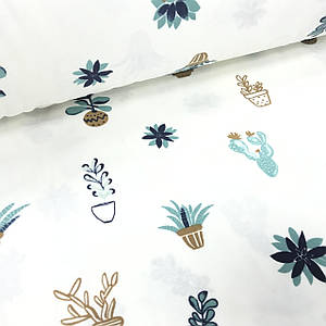 ВІДРІЗ (0,75*2,4м) Фланелева тканина кактуси в горщиках і листочки на білому (шир. 2,4 м) (FL-T-0126)