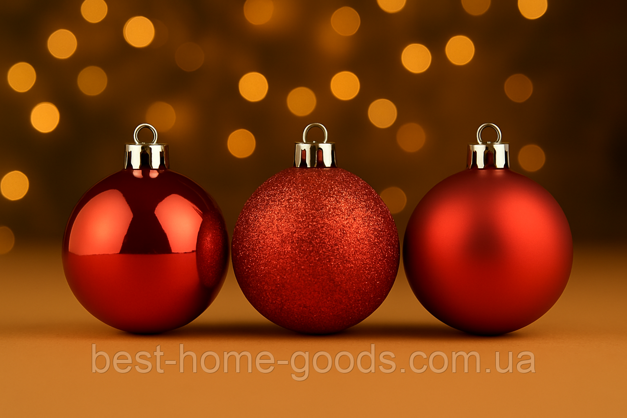 Набір новорічних куль 3в1 (матові, глянцеві, з блискітками) 6 шт, 6 см, пластик, 11 кольорів — святкова прикраса для ялинки, фото 1