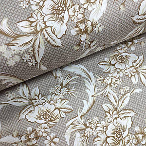 ВІДРІЗ (1*2,4) Тканина сатин із малюнком, бежево-білі квіти з орнаментом на світло-бежевому (ТУРЦІЯ шир. 2,4 м) (SAT-S-0060)