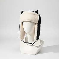 Шапка жіноча ушанка з хутром чорна, шапка зимова з вушками тепла