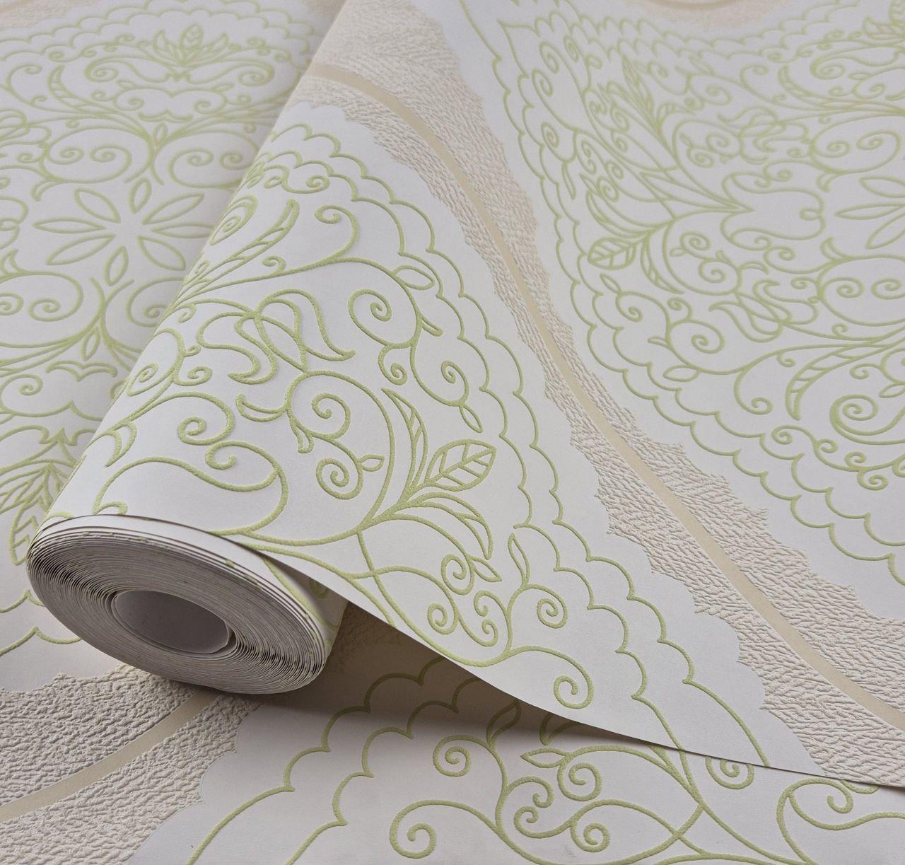 Шпалери вінілові на флізеліні 0.53 × 10.05 м Marburg 57102, молочні з бежево-салатовим для спальні, вітальні, коридору, фото 1