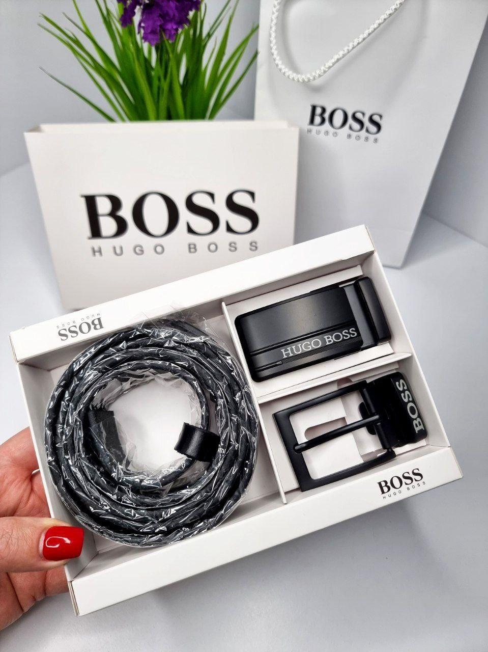 Подарунковий набір Boss ремінь з двома пряжами чорний, фото 1