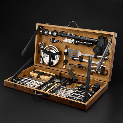 Шашличний набір – стіл, набір шампурів, подарунок чоловікові, подарунок для чоловіка "Grills G17H горіх", фото 1