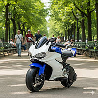 Дитячий електромобіль мотоцикл M 4262EL-1-4 електромотоцикл з м'яким сидінням, музика, світло, шкіряне сидіння, біло-синій