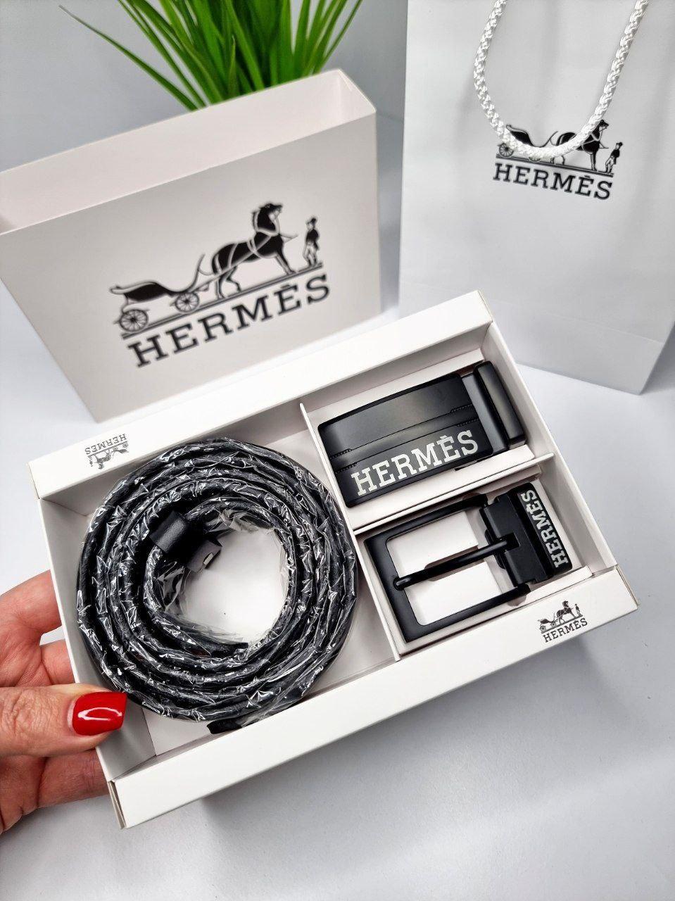 Подарунковий набір Hermes ремінь з двома пряжами чорний, фото 1