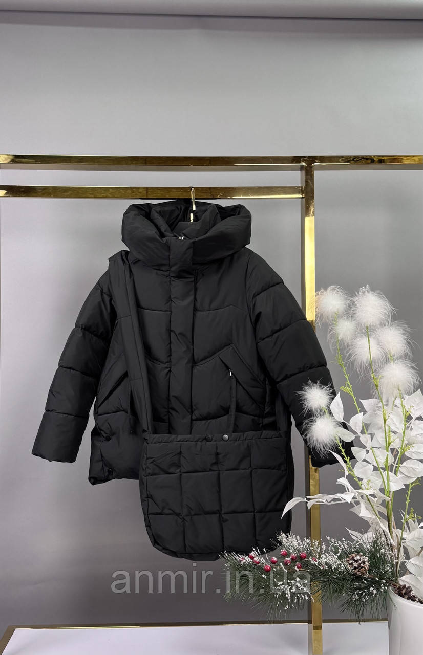 Зимова куртка пуффер юніор стьобана із сумкою в комплекті для дівчинки 10-14 років, колір чорний