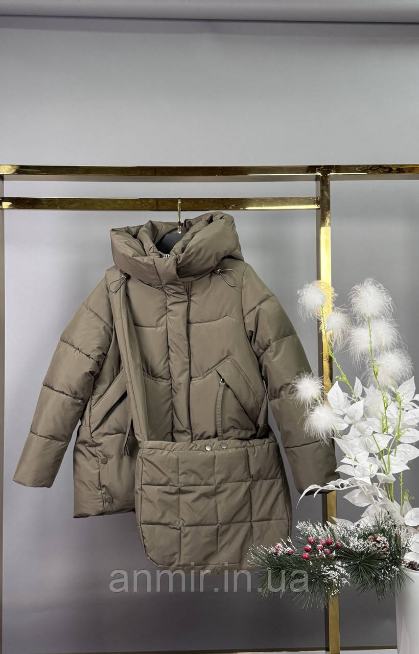 Зимова куртка пуффер юніор стьобана із сумкою в комплекті для дівчинки 10-14 років, колір хакі, фото 1