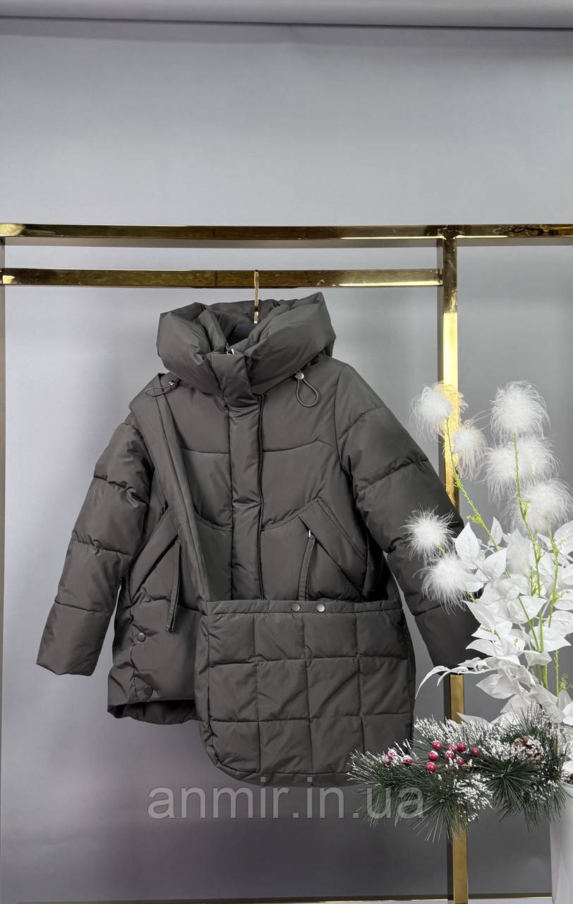 Зимова куртка пуффер юніор стьобана із сумкою в комплекті для дівчинки 10-14 років, колір графіт