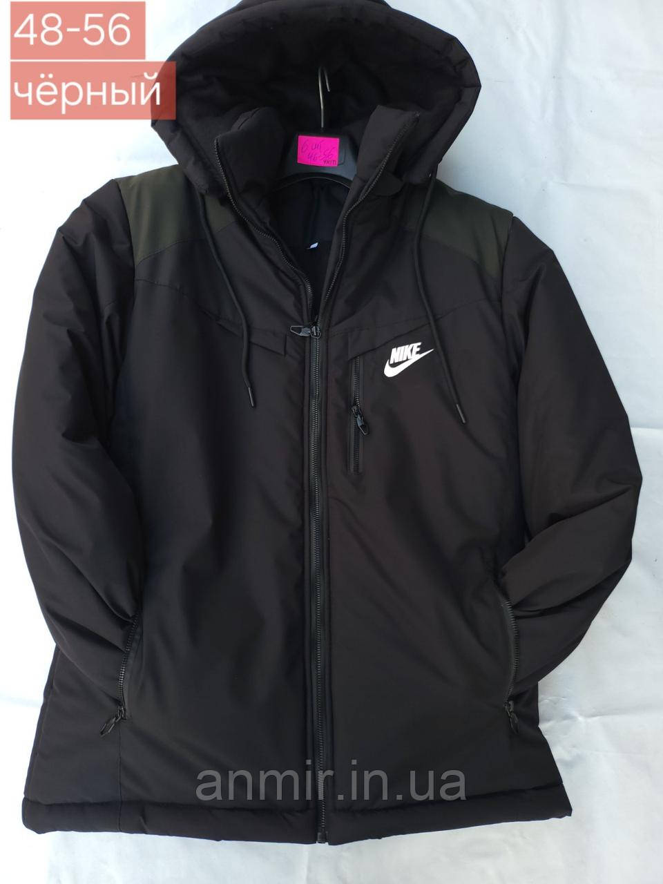 Куртка зимова чоловіча з капюшоном і кишенями NIKE норма 48-56, колір чорний із хакі