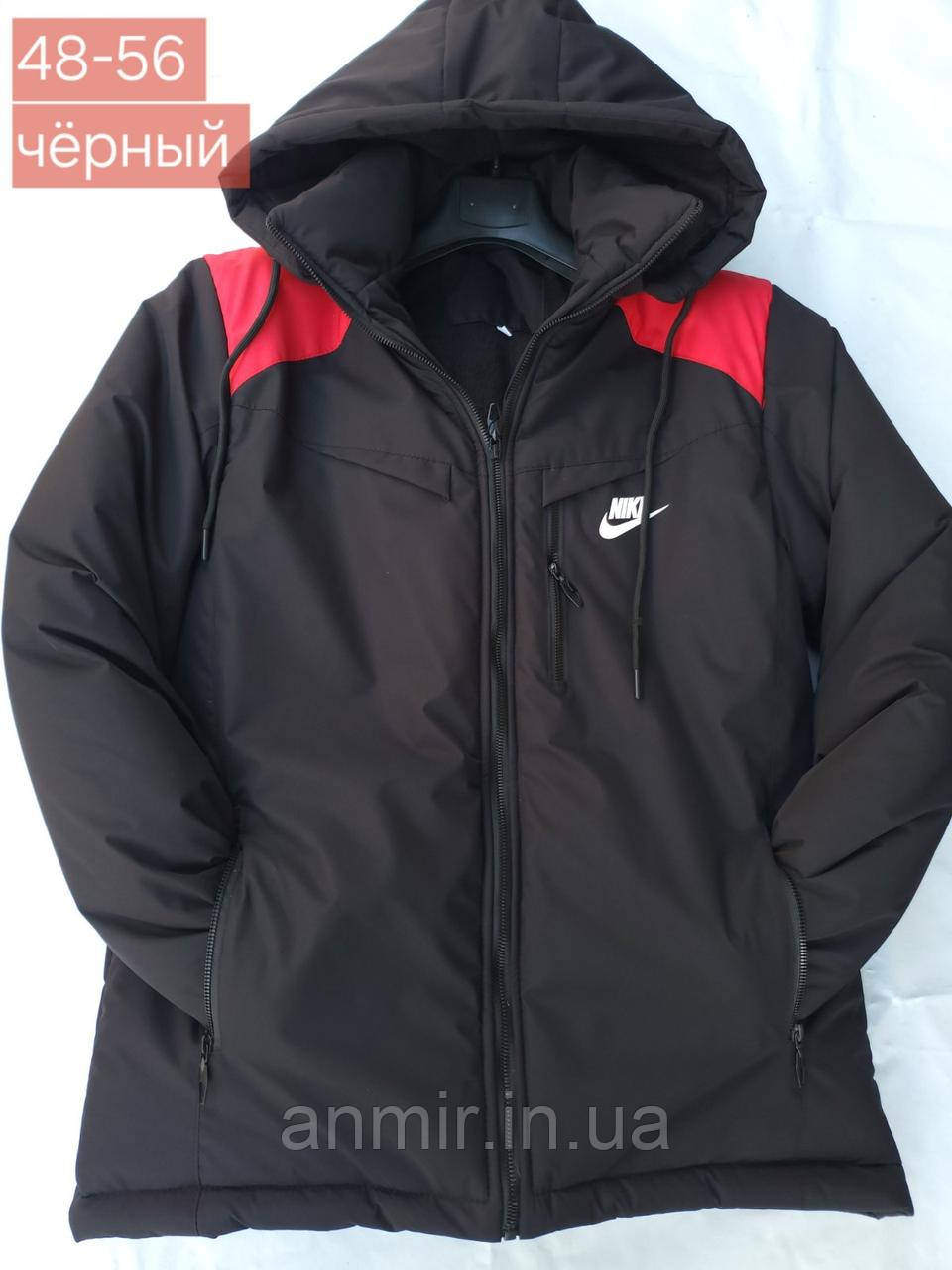 Куртка зимова чоловіча з капюшоном і кишенями NIKE норма 48-56, колір чорний із червоним