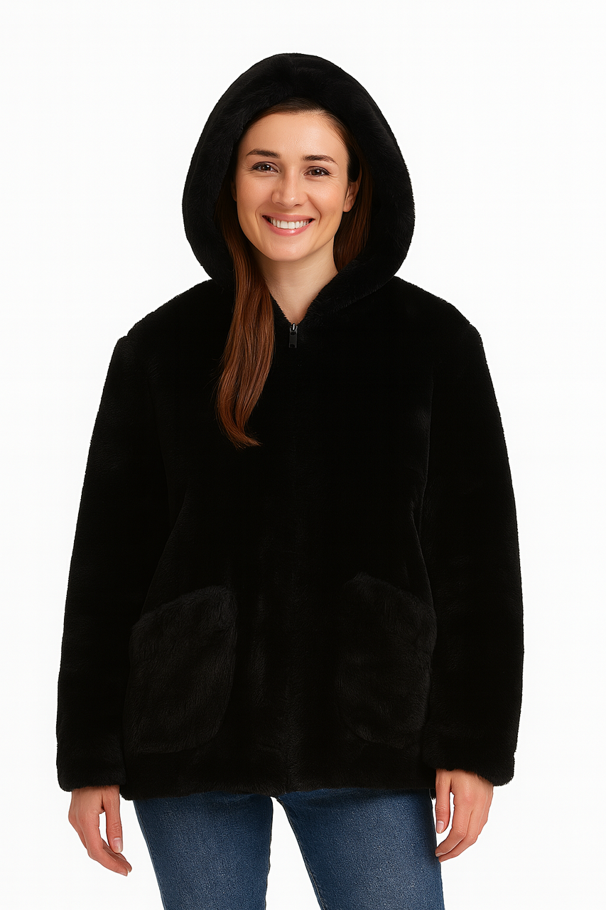 Жіноча шуба з альпаки з капюшоном чорна (112), фото 1