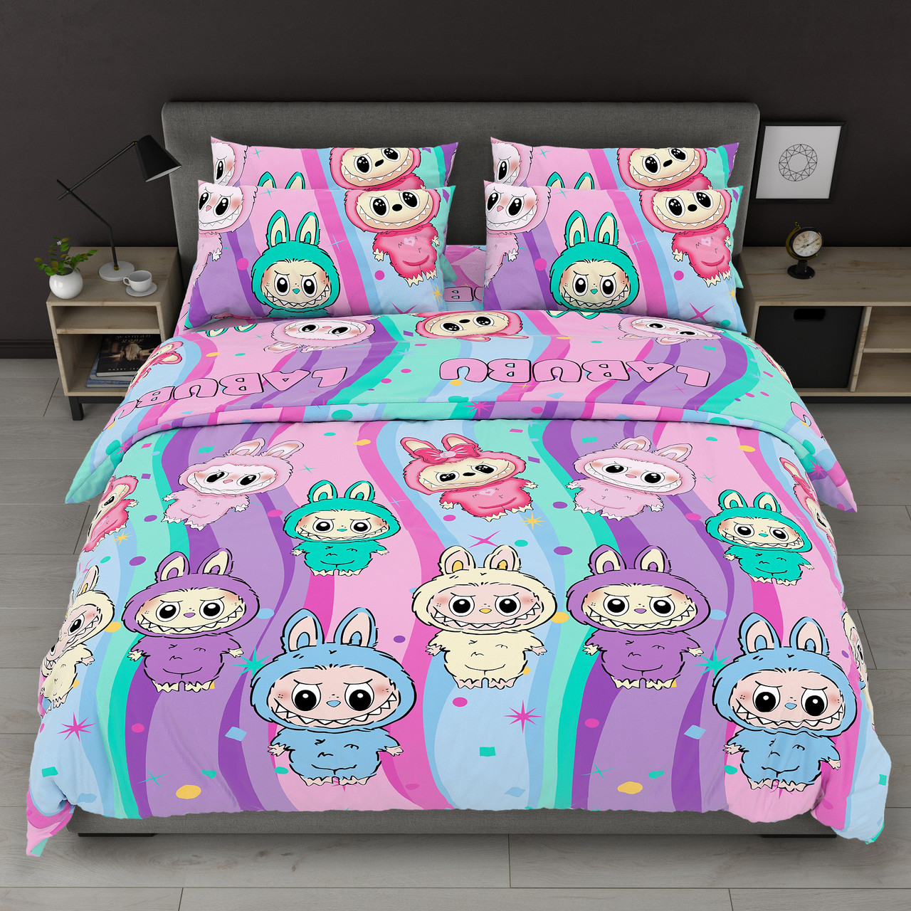 Підковдра на блискавці 145х215 (Бязь) | Полуторна підковдра від виробника "Королева Ночі" | Різнокольорові лабубу, фото 1