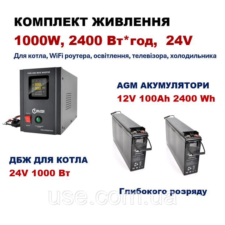 Комплект ДБЖ з акумулятором, 2400Вт*год, 1кВт, 1kW, 1000W, 2,4 кВт/год,  для котла, UPS, безперебійник