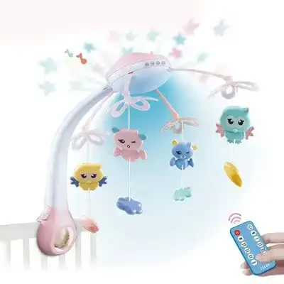 Музична карусель мобіль іграшка з проектором на ліжечко колиска немовляті на пульті Підвіски брязкальця мелодії Рожева, фото 1