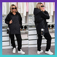 Жіночий теплий спортивний костюм батал на флісі з кофтою з плащівки на синтепоні чорний зимовий комплект