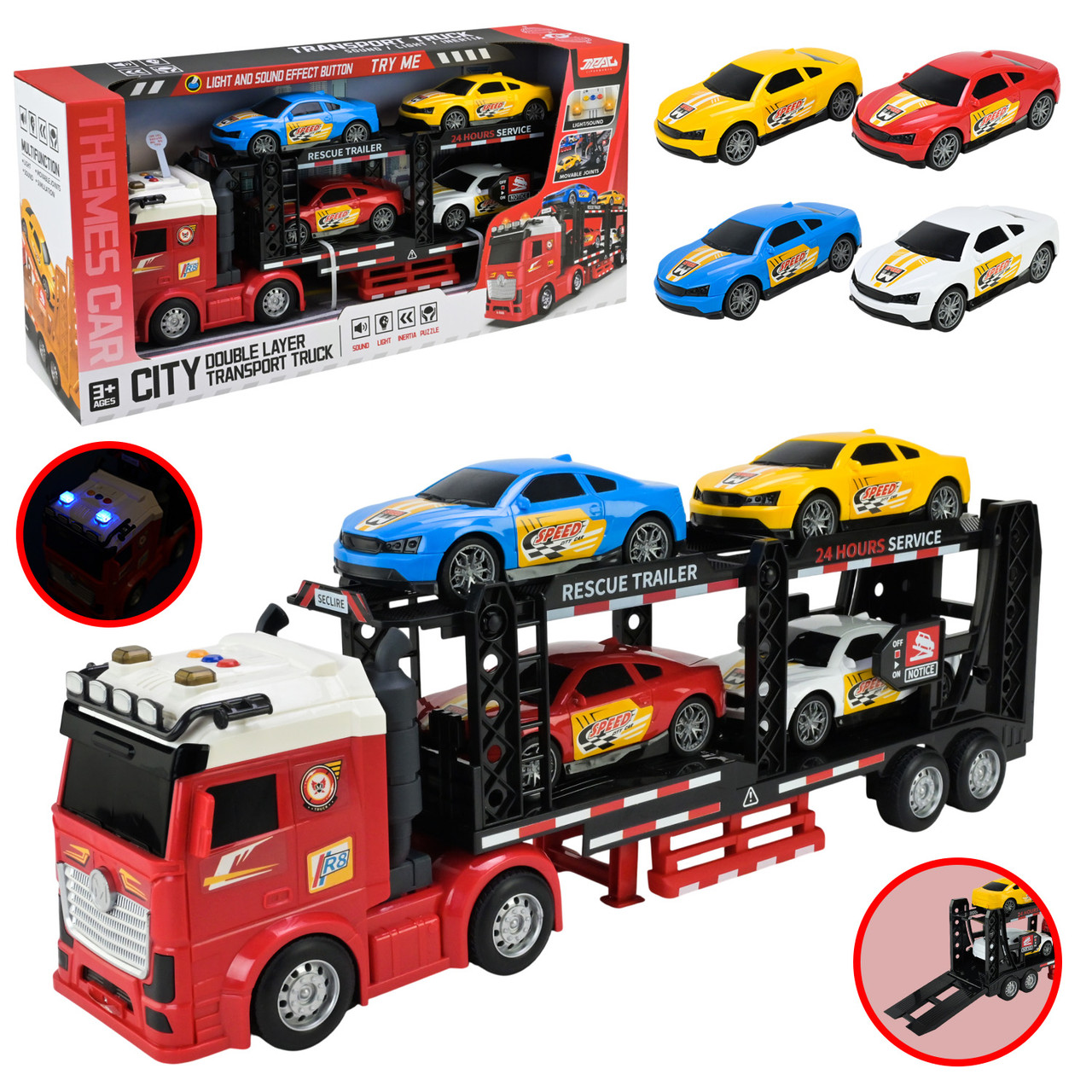 Трейлер звук, підсвічування, інерція, машинки, гумові колеса, в кор. /9/, фото 1