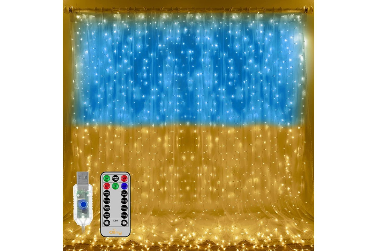 Гірлянда штора прапор України 3х3 м. USB, з пультом керування. Новорічна гірлянда на вікно, фото 1