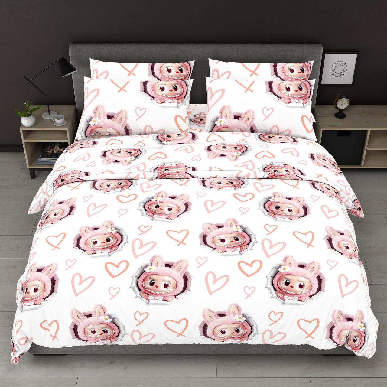 Постільна білизна Королева Ночі (Бязь) | Полуторний комплект | 50х70 | Лабубу на білому, фото 1