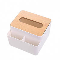 Бокс для салфеток Tissue з бамбуковою кришкою для зберігання косметики та гаджетів білий пластиковий контейнер (529761)